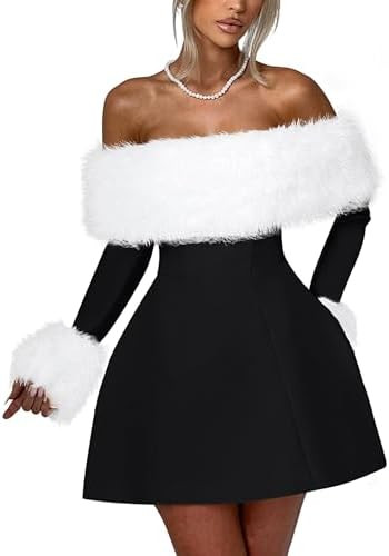 YMDUCH Women's Off Shoulder Long Sleeve Fur Trim A-Line Party Club Mini Dress | Amazon (US)