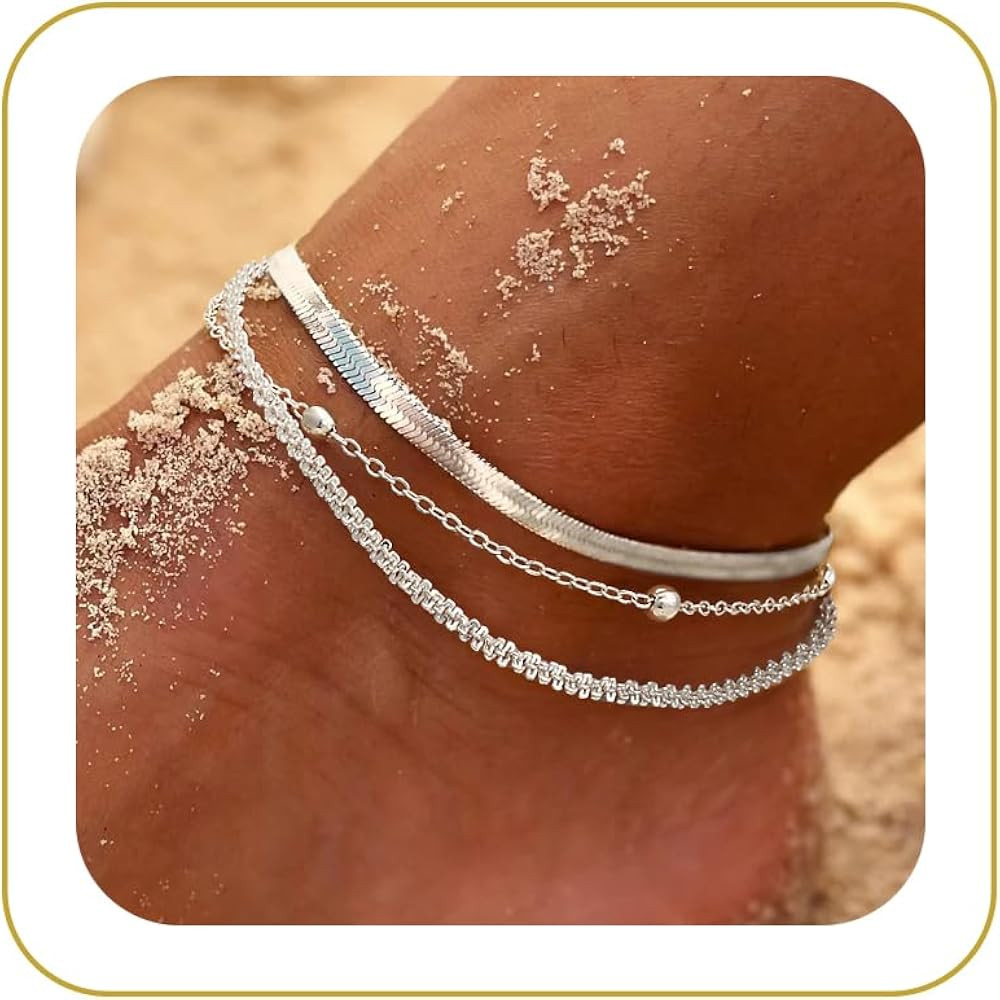 Tewiky Sterling Silver Plated Ankle Bracelets for Women,Dainty Layered Waterproof Anklet for Wome... | Amazon (US)