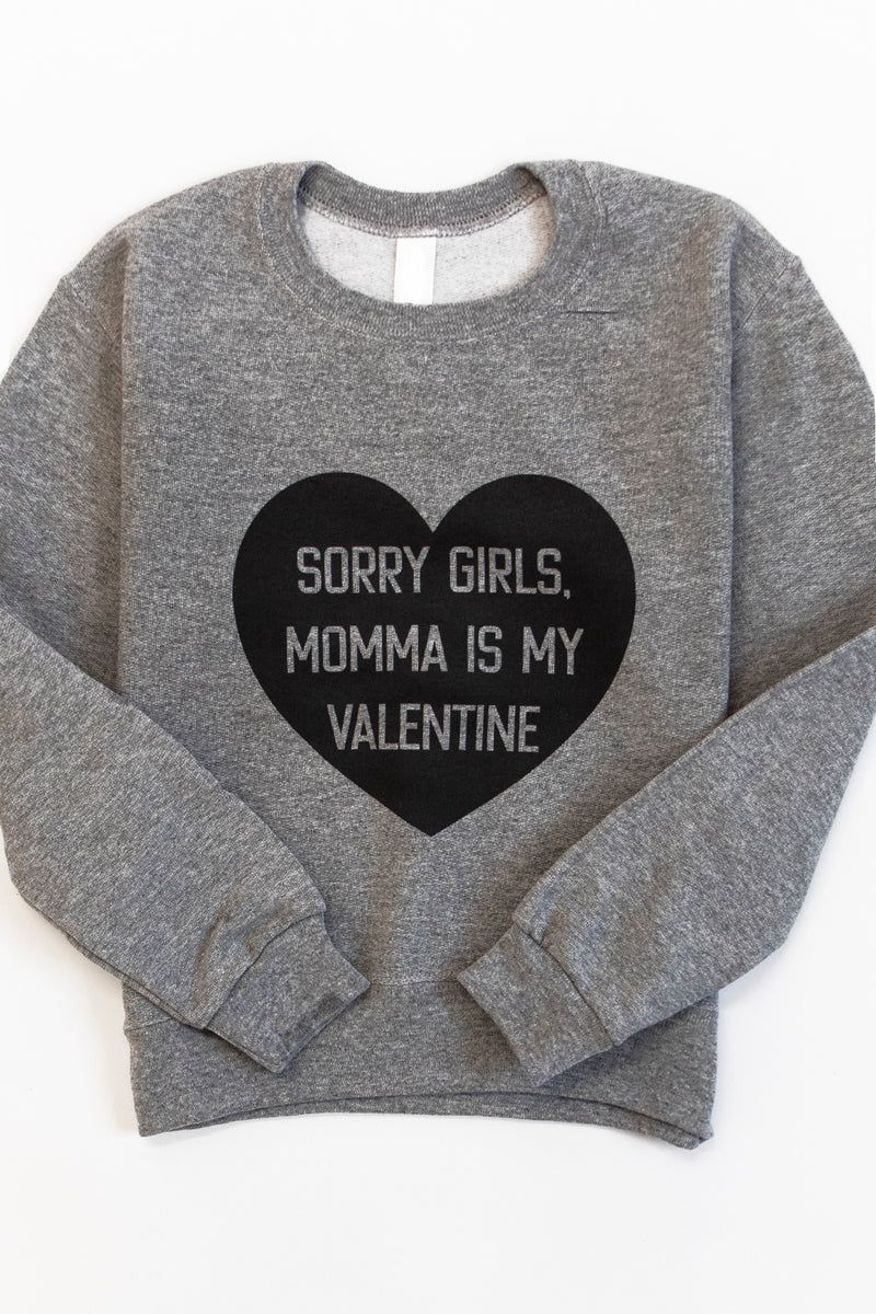 Momma Is My Valentine Grey Graphic Kids Sweatshirt | The Pink Lily Boutique