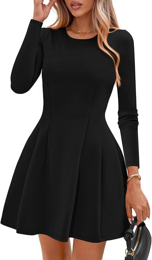 PRETTYGARDEN Long Sleeve Mini Dress for Women 2026 Spring Crewneck Knit Pleated Babydoll A Line C... | Amazon (US)
