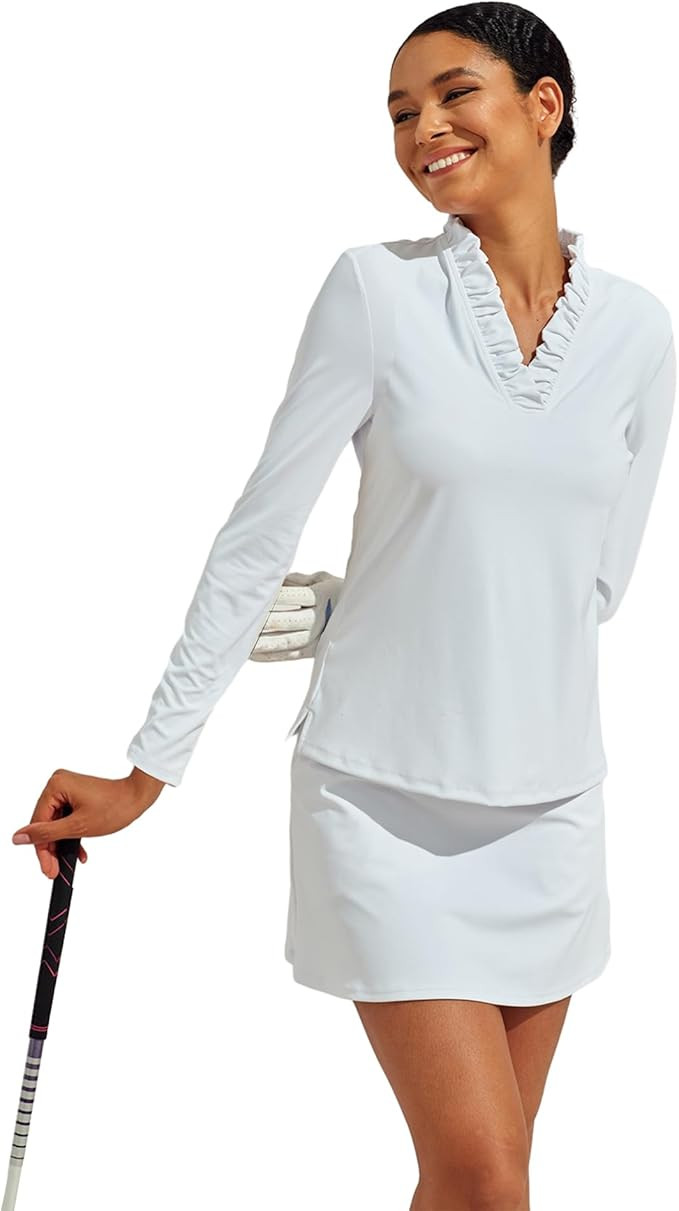 ACEGOLFS Womens Golf Polo Shirts Casual Ruffle V Neck Long Sleeve Tops for Women UPF 50+ Rash Gua... | Amazon (US)