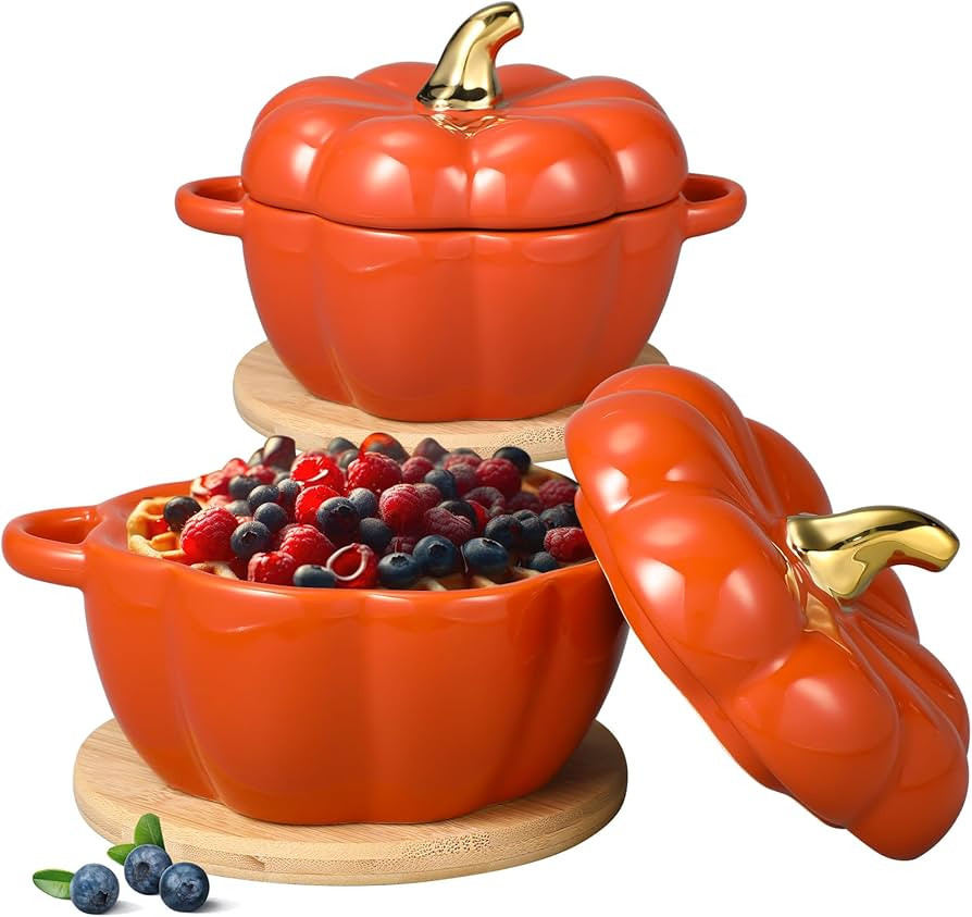 Zhehao Set of 2 Ceramic Pumpkin Bowl with Lid 15 oz Pumpkin Potwith Insulated Pads Fall Ceramic B... | Amazon (US)