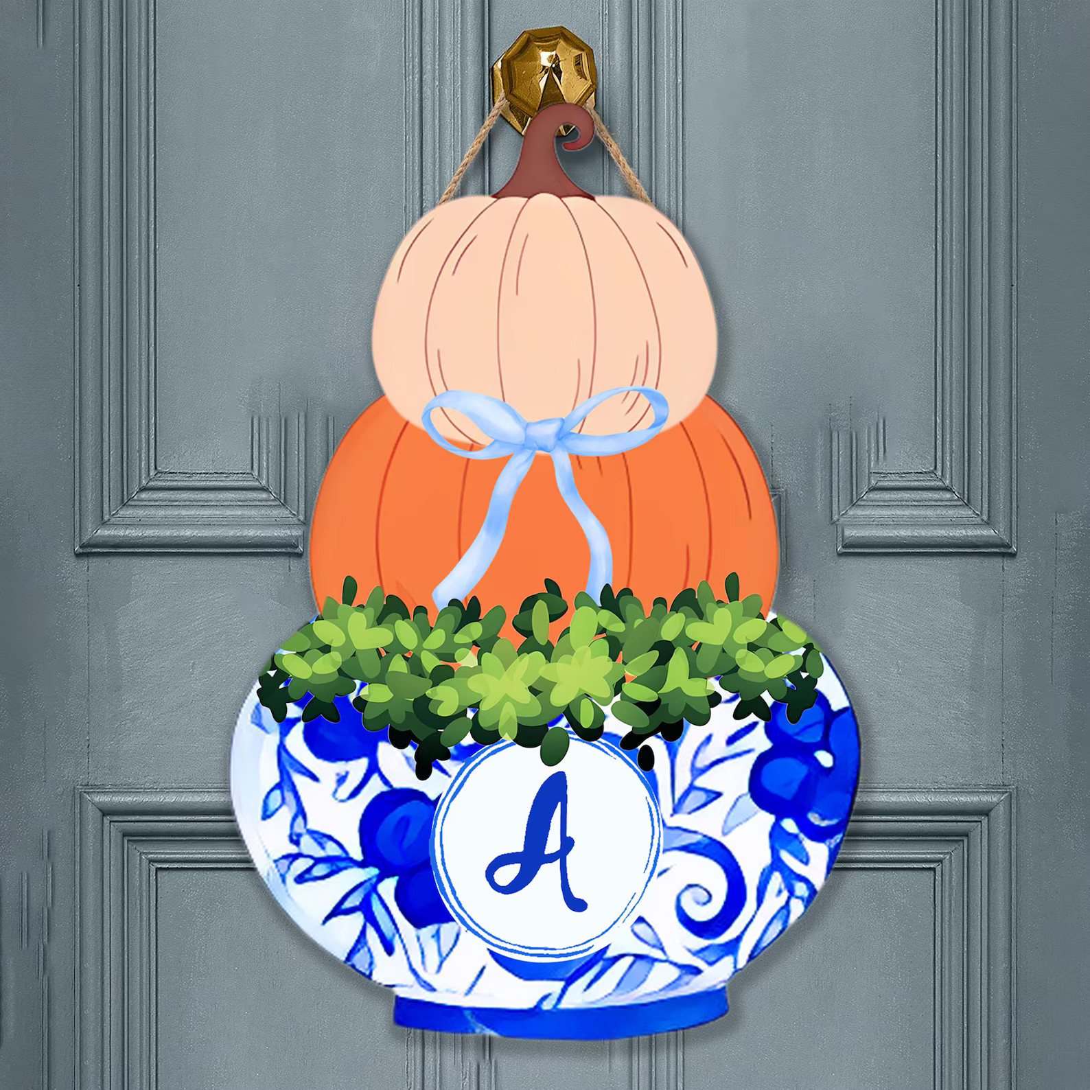 Chinoiserie Pumpkin Door Hanger Fall Front Door Sign Blue White Autumn Vase Decor Thanksgiving Po... | Etsy (US)