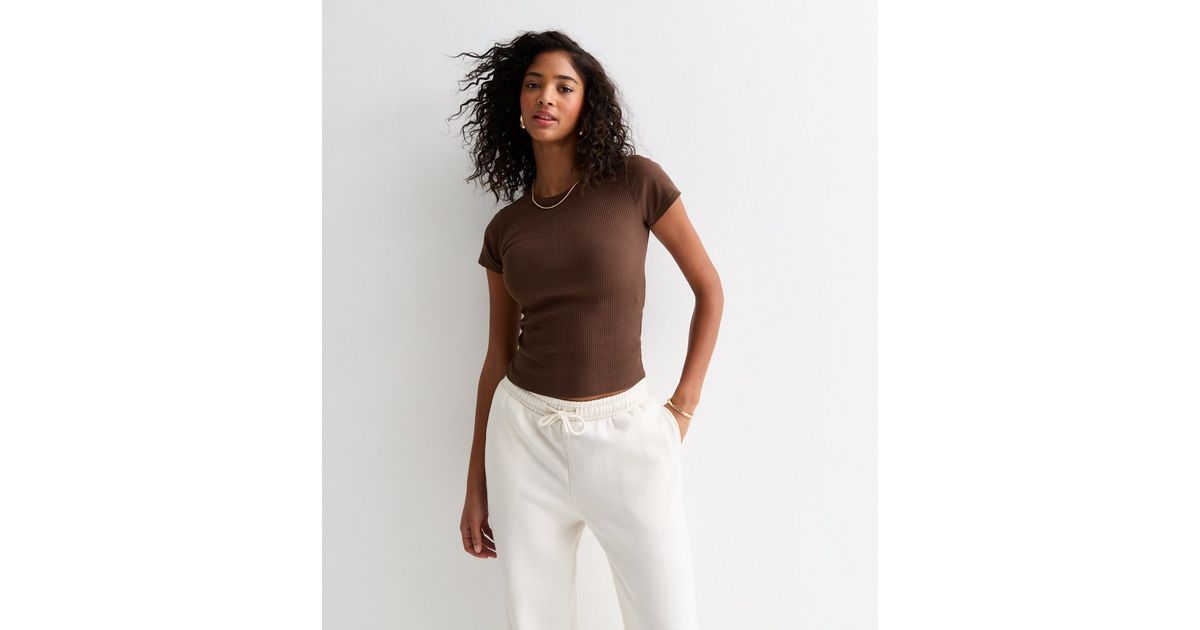 Brown Ribbed Crew Neck Top | New Look | New Look (UK)