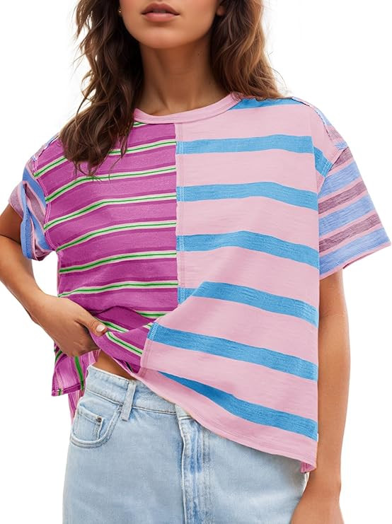 Tankaneo Womens Summer Striped Shirts Casual Color Block Short Sleeve Tops Loose Fit Crew Neck Te... | Amazon (US)