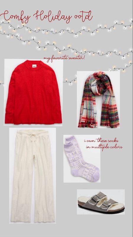 Comfy Holiday OOTD.

Wear this lounging around the house wrapping presents, baking Christmas cookies, or running out to your favorite coffee shop!

• Red Sweater: I own this in multiple colors! Oversized fit.  Do your TTS or size down 1.
• Cream Lounge Pants
• Red plaid scarf
• Lavender holiday socks - I own these on multiple colors.
• Grey fleece lined Birkenstock sandals

#LTKsalealert #LTKHoliday #LTKGiftGuide