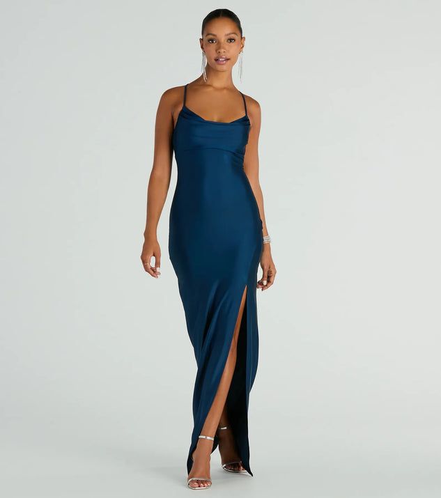 Natalie Cowl Neck Lace Up Slit Formal Dress | Windsor Stores