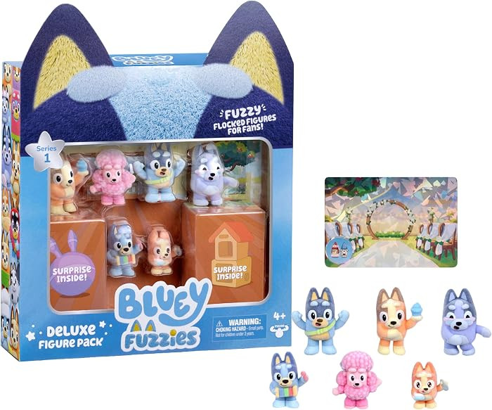 Bluey Fuzzies Deluxe Figure Pack. With 6 Specially Flocked Collectible Mini-Figures. Incl. 2 Surprise Figures (Blind Pack), Trading Card, and Collector's Guide. 80 to Collect in Series 1! | Amazon (UK)