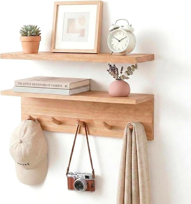 Floating Wall Shelves with Hooks, Rustic Wood Coat Rack & Storage Organizer for Entryway, Kitchen... | Amazon (US)