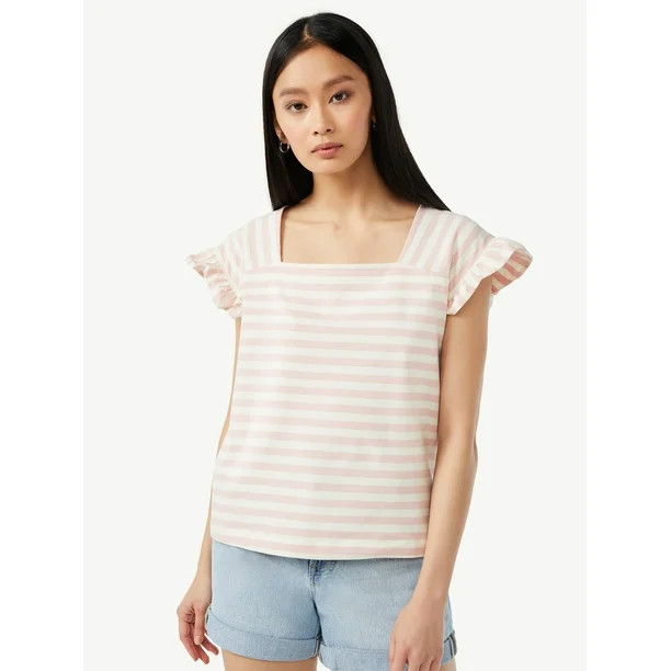 Free Assembly Women's Square Neck Top with Flutter Sleeves - Walmart.com | Walmart (US)