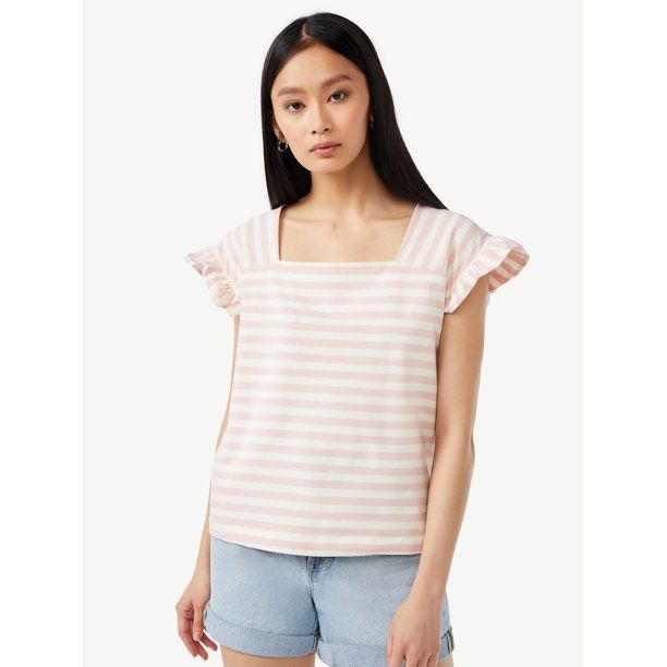 Free Assembly Women's Square Neck Top with Flutter Sleeves - Walmart.com | Walmart (US)