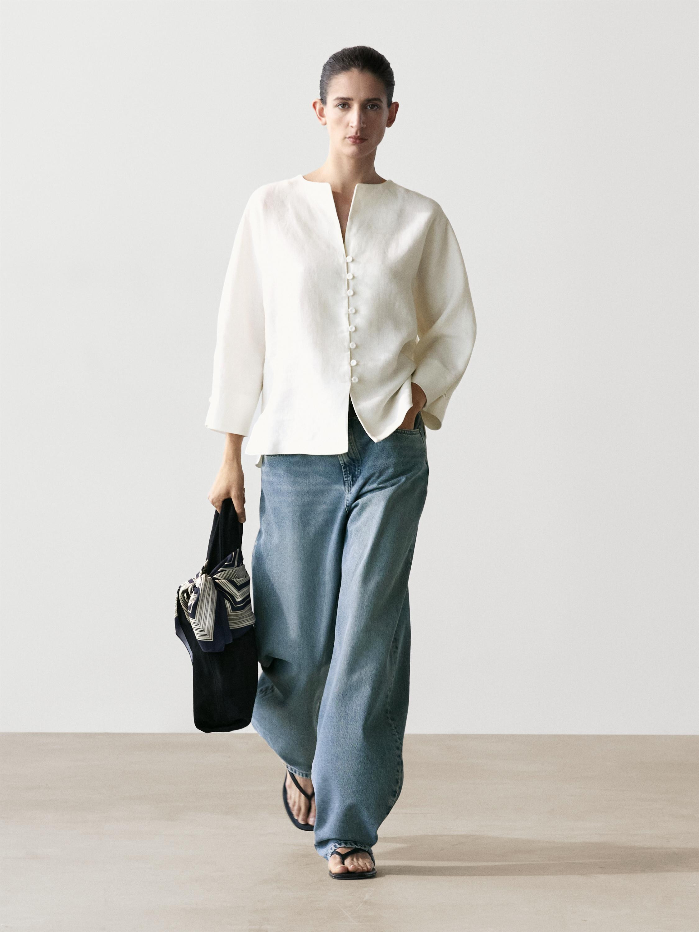 Linen jacket with button details | Massimo Dutti UK