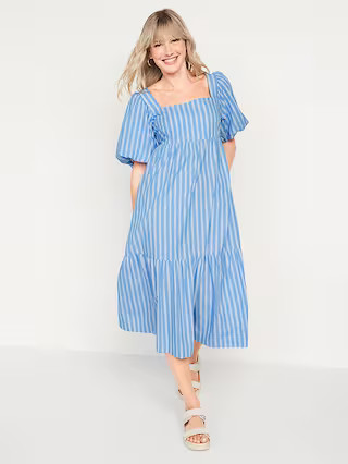 Puff-Sleeve Fit & Flare Smocked All-Day Midi Dress for Women | Old Navy (US)
