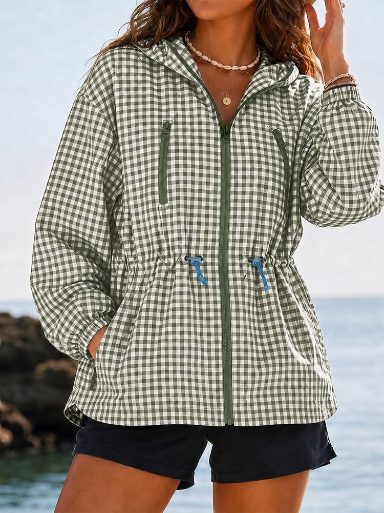 Fisoew Womens Rain Jacket Waterproof Plaid Raincoat Hooded Windbreaker | Amazon (US)