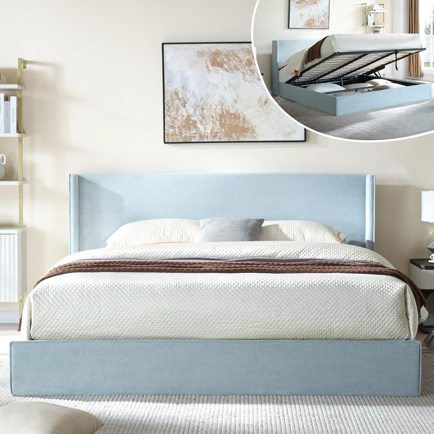 King Lift Up Storage Bed, Corduroy Platform Bed with Headboard, Light Blue | Amazon (US)