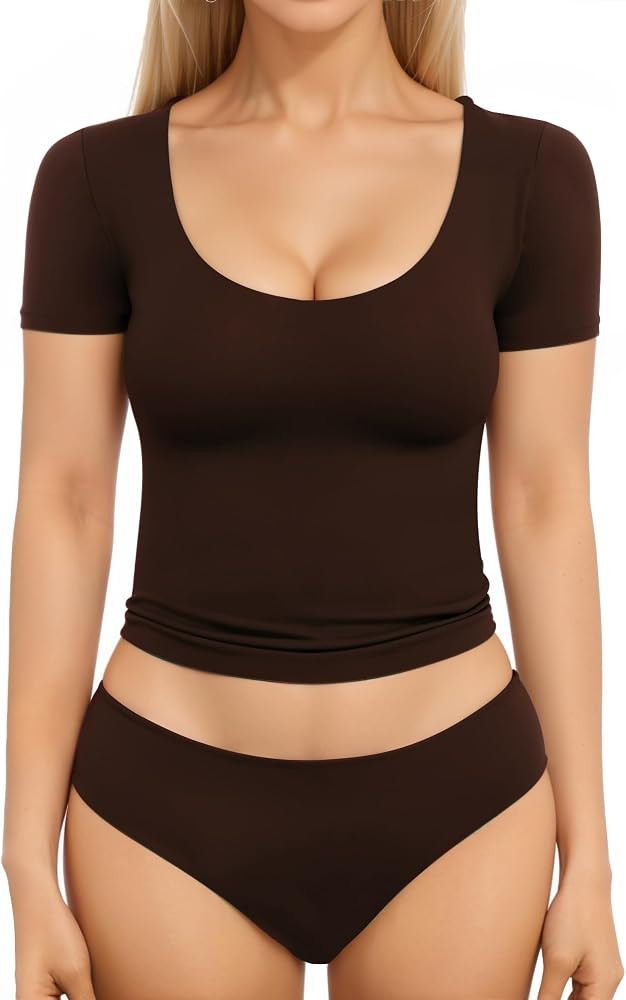 MANGOPOP Women's Scoop Neck Slim Fit Short Sleeve Double Lined T Shirt Tight Basic Tops Y2K Tee | Amazon (US)