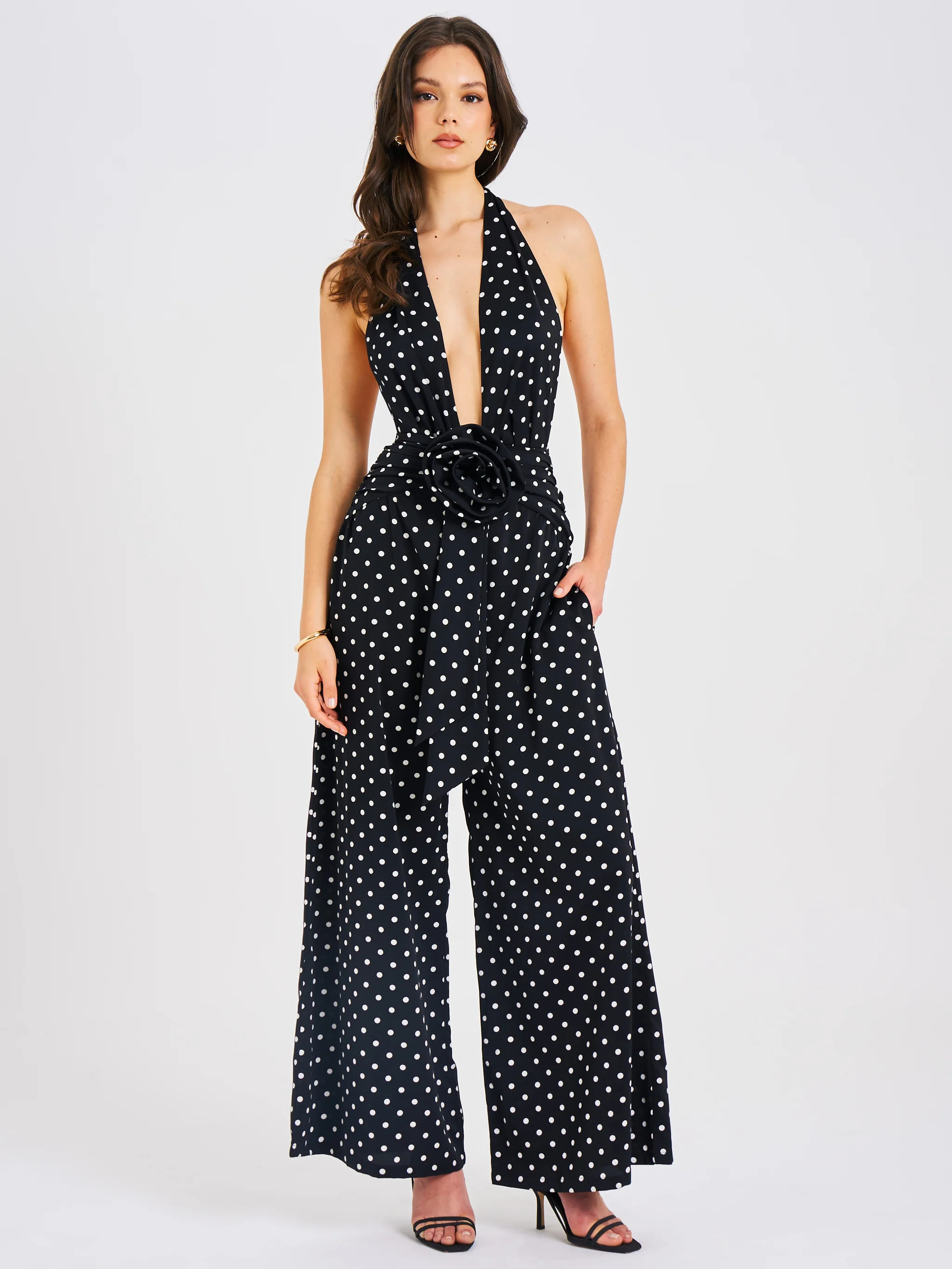 Oriana Black Polka Dots Halter Jumpsuit | Miss Circle