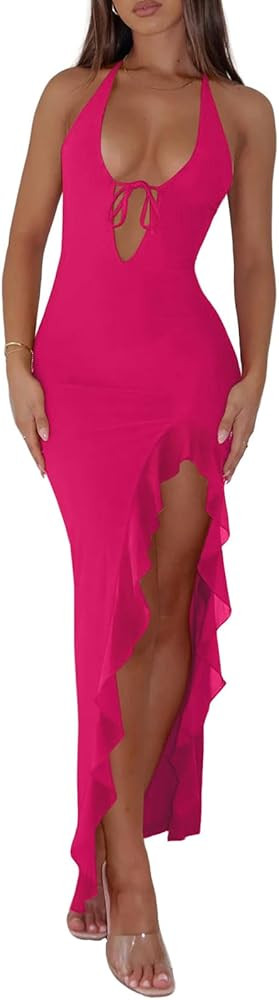 Women Sexy Halter V Neck Maxi Dress Mesh Ruffle Hem Bodycon Backless High Slit Cocktail Party Wed... | Amazon (US)