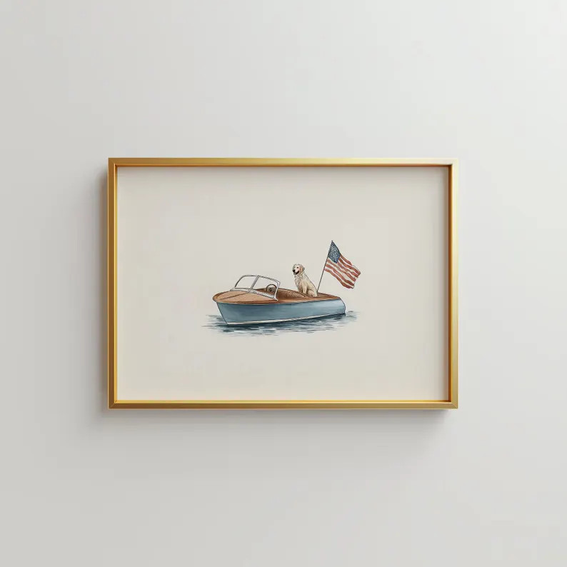 Sailboat With American Flag Wall Art, Cute Americana Decor, Golden Retriever Poster, Lake House D... | Etsy (Global)
