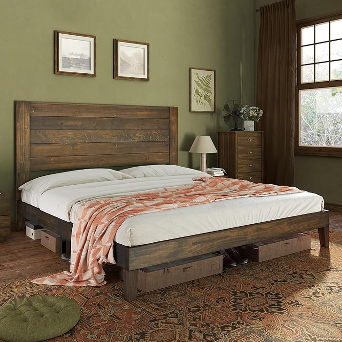 Jocisland Farmhouse Solid Wood Full Size Bed Frame with 48'' High Headboard, Rustic Platform Bed ... | Amazon (US)