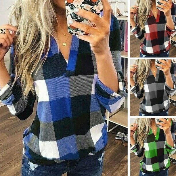 Women Casual Loose Flannel Plaid Shirt Button Stand Collar Tops Blouse T-shirts | Walmart (US)