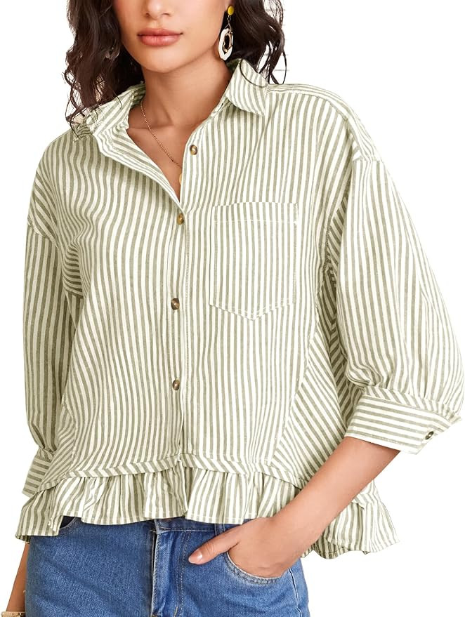 Flygo Womens 3/4 Sleeve Striped Button Down Shirts Cropped Ruffle Hem Casual Collared Drop Should... | Amazon (US)