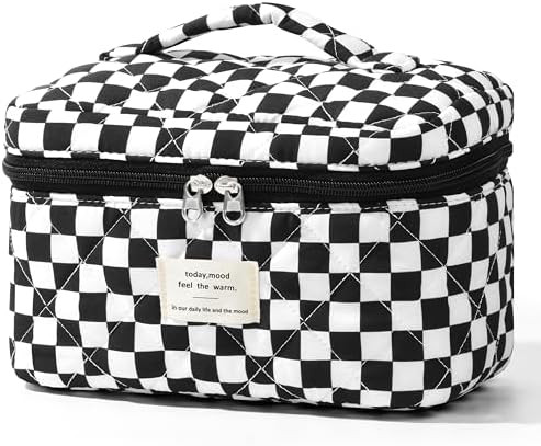 Quilted Makeup Bag - Cute Checkered Cotton Makeup Bag, Large Coquette Aesthetic Make up Cosmetic ... | Amazon (US)