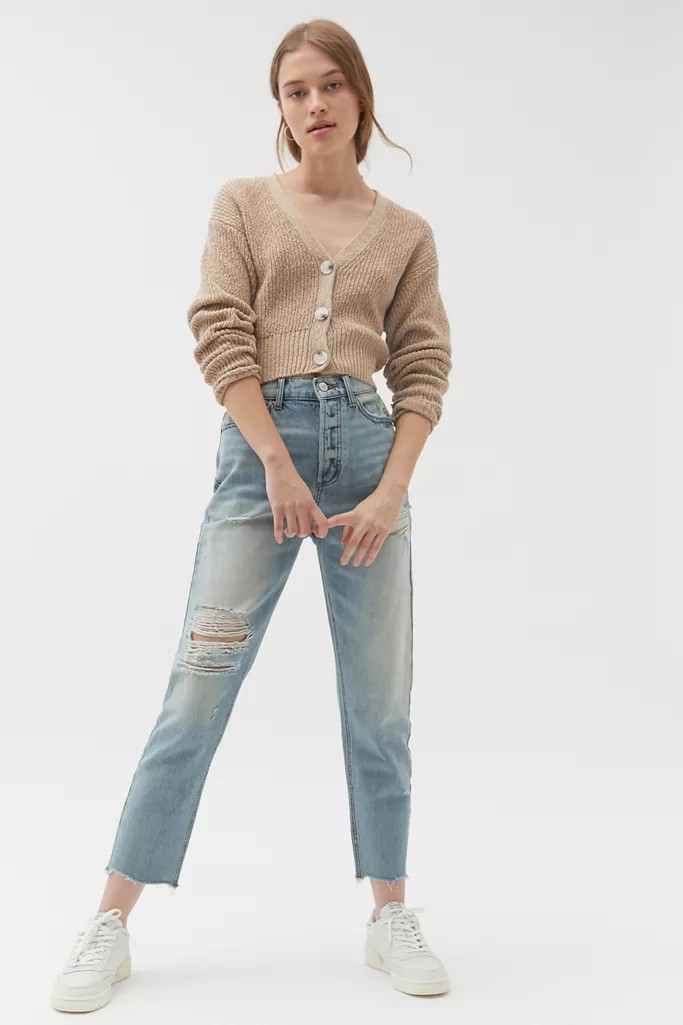 BDG High-Waisted Slim Straight Jean - Distressed Light Wash | Urban Outfitters (US and RoW)