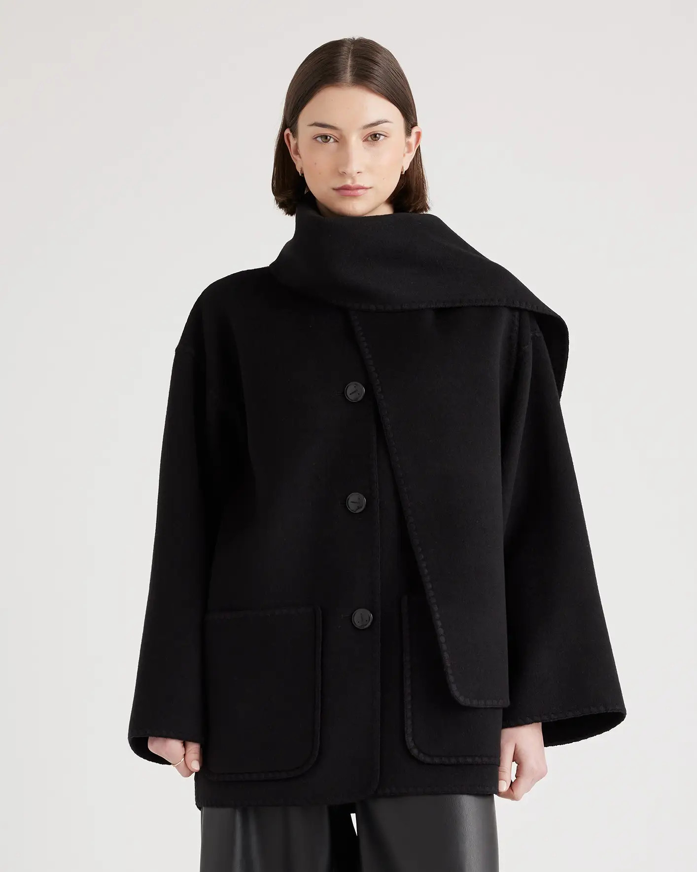 Double-Faced Merino Wool Scarf Coat  in Black | Quince