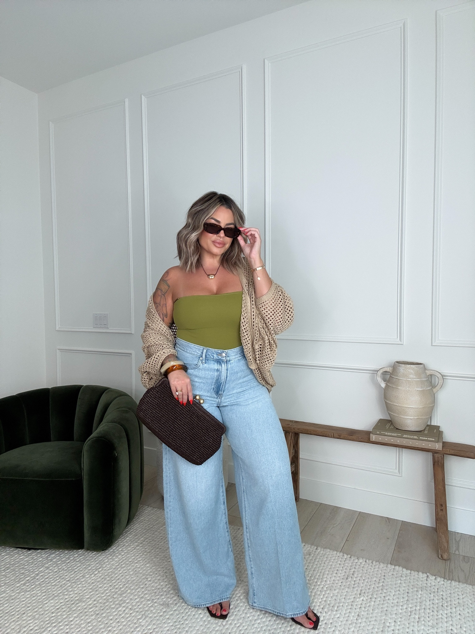 Summer date night outfit idea 

Bodysuit L 
Jeans 12L  ( such a good fit ) ! 
Coverup xl another Amazon fav ! 
