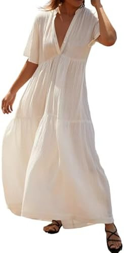 R.Vivimos Womens Summer Cotton Flowy Maxi Dress Short Sleeve V Neck Empire Waist Boho Tiered Ruff... | Amazon (US)