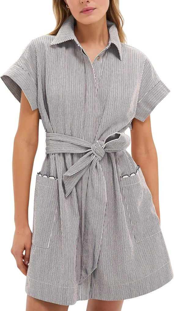 YEXPINE Women's Short Sleeve Striped Mini Shirt Dress Casual Summer Button Down Belted Tunic Dres... | Amazon (US)