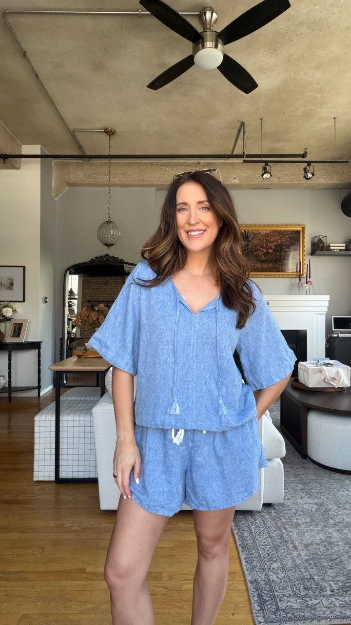 Blue chambray linen short set from Target!! Nursing friendly top and drawstring waistband on shorts.

#LTKootd
