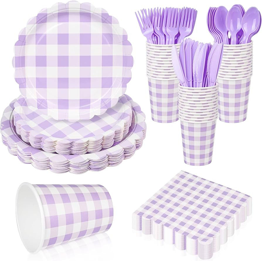 175Pcs Gingham Party Supplies for 25 Guests Scalloped Plates and Napkins set Purple and White Pap... | Amazon (US)