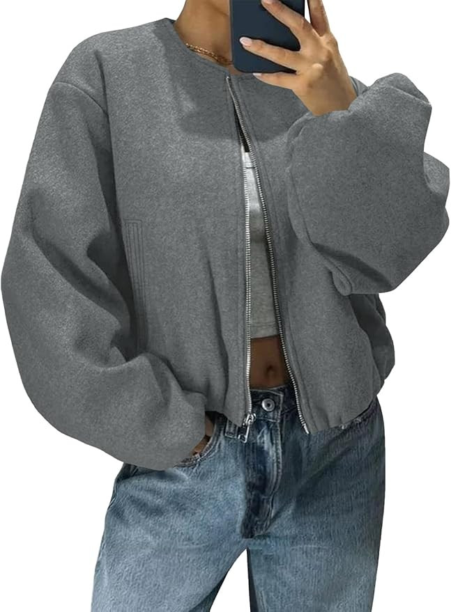 Tankaneo Womens Cropped Bomber Jackets Trendy Casual Collarless Pea Coat Zip Up Fall Short Jacket | Amazon (US)