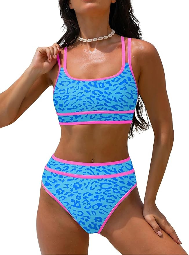 popvil Women's High Waisted Bikini Sets Neon Two Piece 2026 Swimsuit Sporty Adjustable Straps Bat... | Amazon (US)