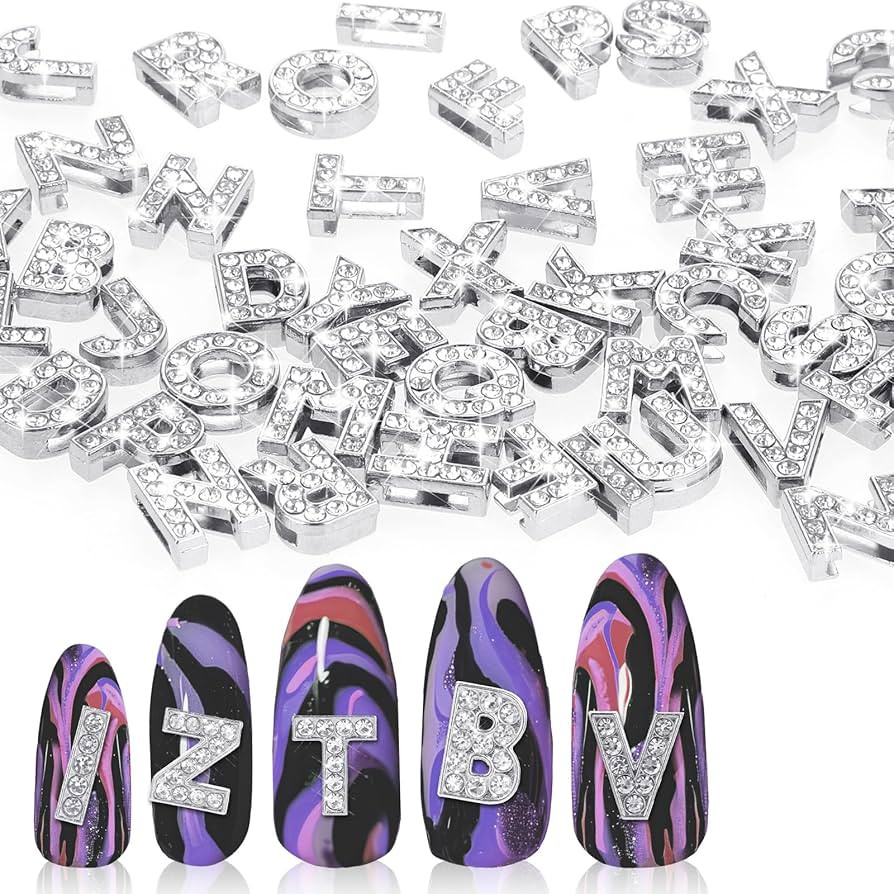 52 Pcs 3D Letters Nail Charms Silver Nail Charms Initial Rhinestones Crystals Shiny Nails Decorat... | Amazon (US)