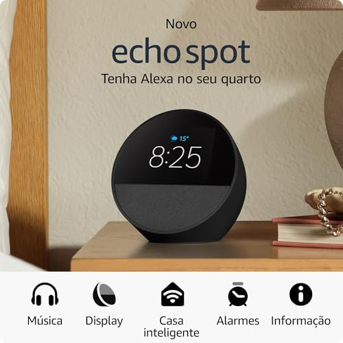 Novo Echo Spot com Alexa (2024) | Despertador inteligente com som vibrante | Cor Preta | Amazon (BR)