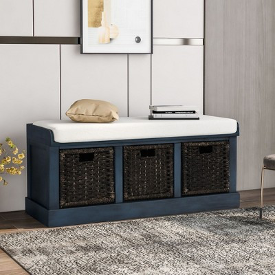 Okak Rustic Storage Ottoman Bench with Soft Removable Cushion Storage Footrest Stool Shoe Bench with 3 Removable Rattan Basket for Entryway, Navy | Target