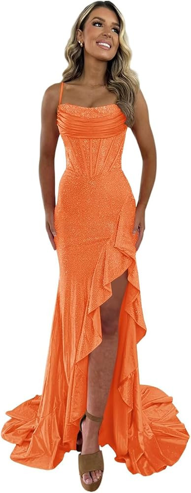 Wchecalino Sparkly Beaded Satin Mermaid Prom Dresses Long 2026 Spaghetti Straps Corset Ruffles Ev... | Amazon (US)