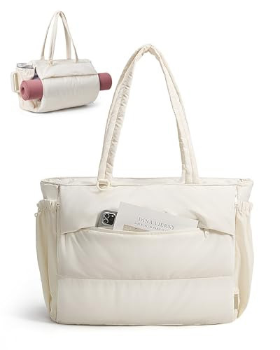 BAGSMART Tote Bag for Women, 22L Puffer Gym Bag for 40oz Tumbler, Work Tote Handbag for Travel Yoga College,Cream | Amazon (US)
