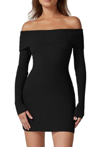 QINSEN Womens Off The Shoulder Sweater Dress Long Sleeve Ribbed Knit Bodycon Y2k Mini Dress Black XS | Amazon (US)