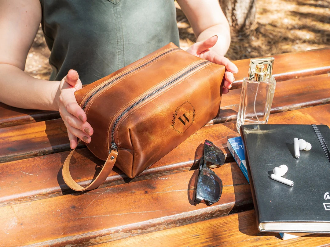 XL soft leather, double zipper, personalized cosmetic bags birthday gift for him, father of the b... | Etsy (US)