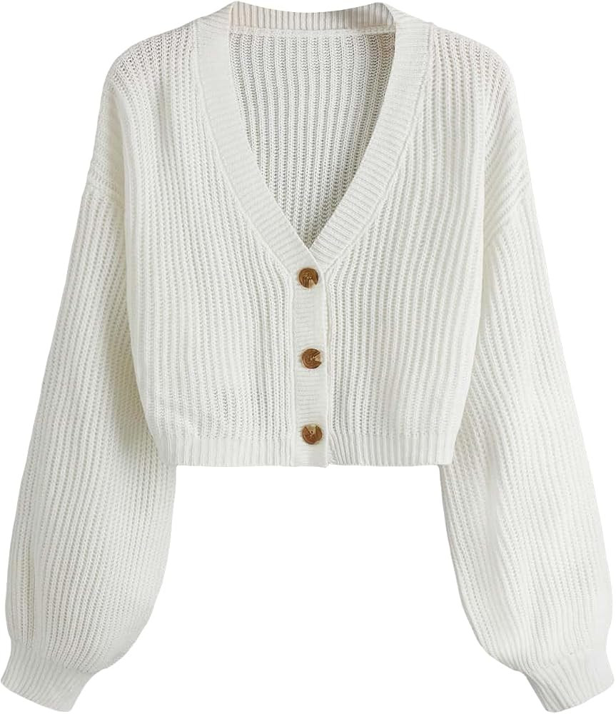 COZYEASE Women's Long Sleeve Button Down Crop Cardigan Sweater Ribbed Knit V Neck Sweater Knit Bo... | Amazon (US)