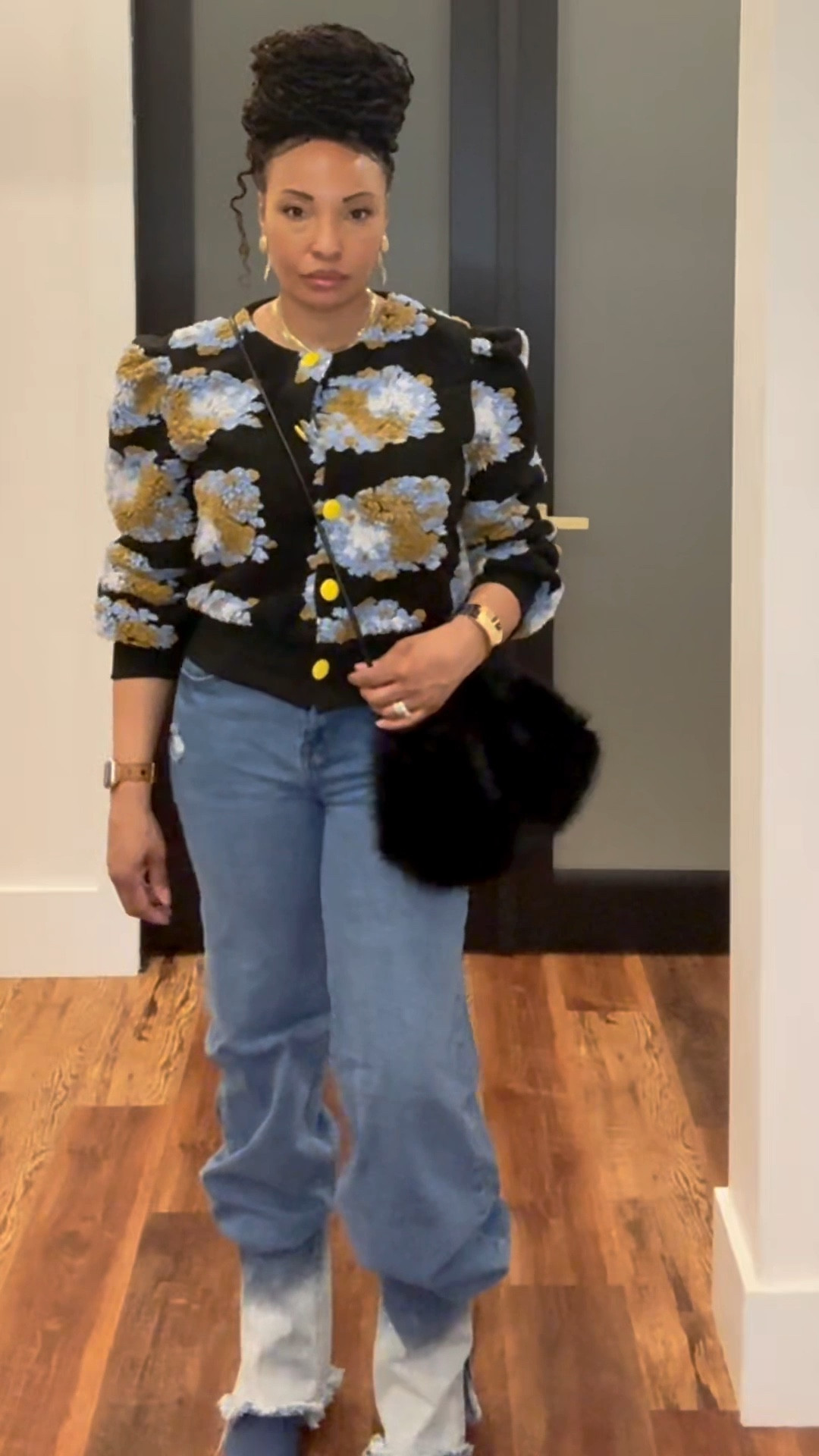 Elevated denim styling with a structured floral cardigan and pointed toe boots. I love mixing strong, structured pieces with relaxed denim to create a look that feels polished but still effortless. Finished with a statement bag and gold accessories for an easy day-to-night outfit.
 #denimstyle
#cardiganoutfit
#pointedtoeboots
#elevatedcasual
#affordableluxury
#thekijuanaedit


#LTKgrwm #LTKOver40 #LTKWorkwear