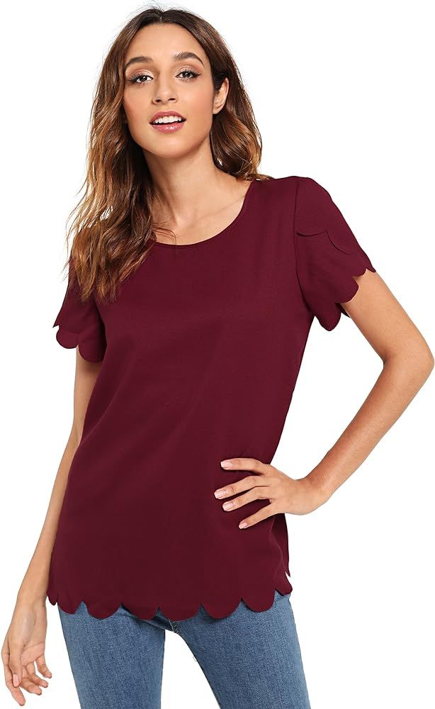 Floerns Women's Solid Scallop Hem Round Neck Short Sleeve Blouse Tops | Amazon (US)