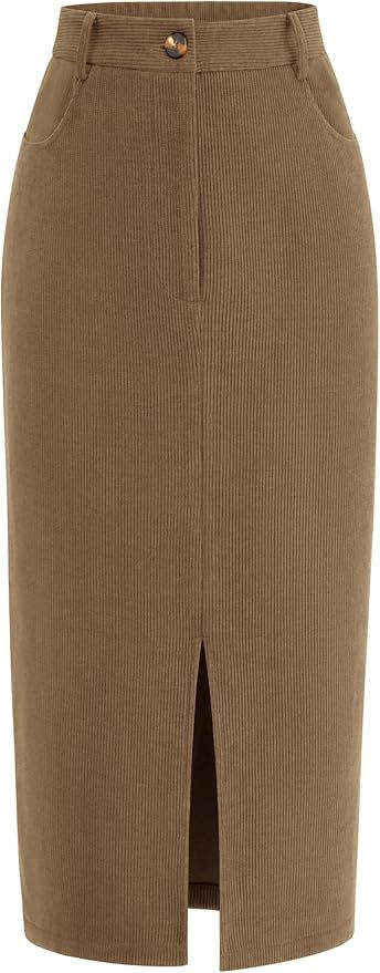 PRETTYGARDEN Women's Fall Midi Pencil Skirts Dressy Casual Work Office High Waisted Long Slit Cor... | Amazon (US)