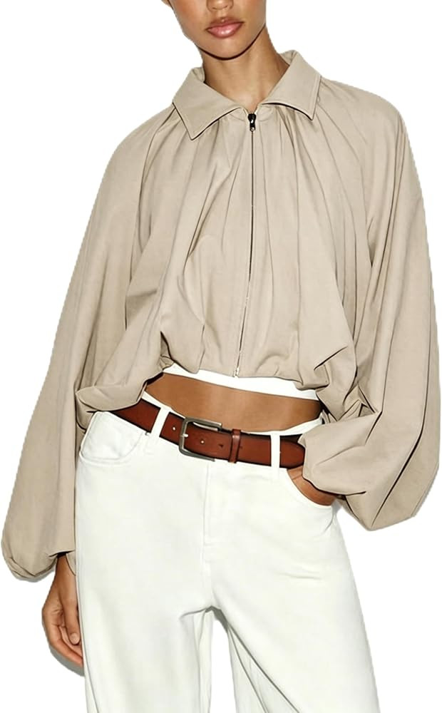 Megfie Women's Collared Full Zip Bubble Long Sleeve Cropped Jacket | Amazon (US)
