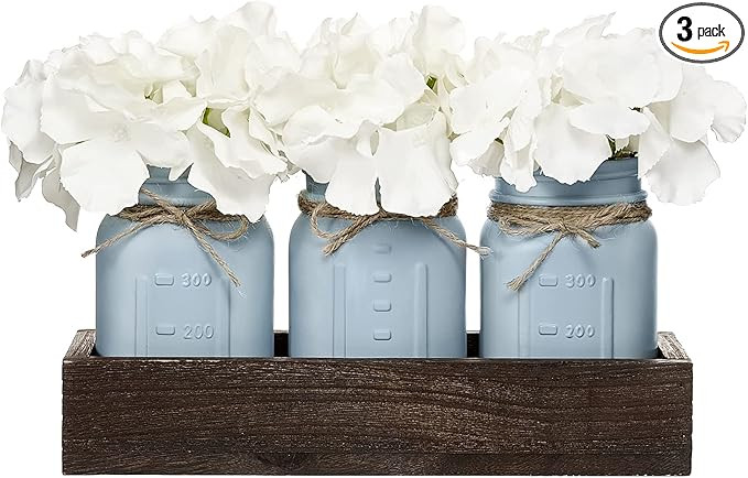 Mkono Mason Jar Centerpiece Decorative Wood Tray with 3 Painted Jars Artificial Flowers Rustic Co... | Amazon (US)