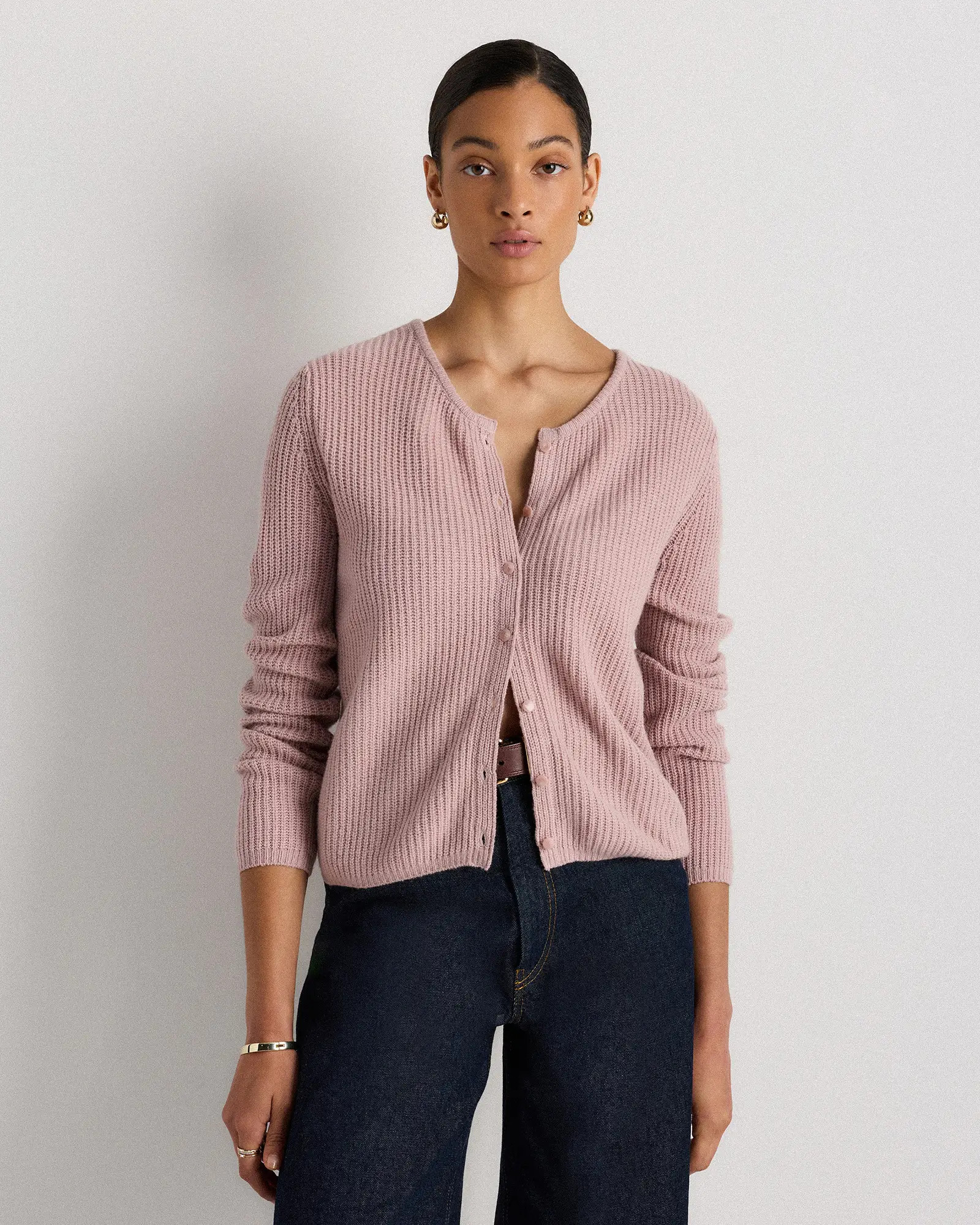 100% Yak Soft Rib Crew Cardigan in Desert Bloom Pink | Quince